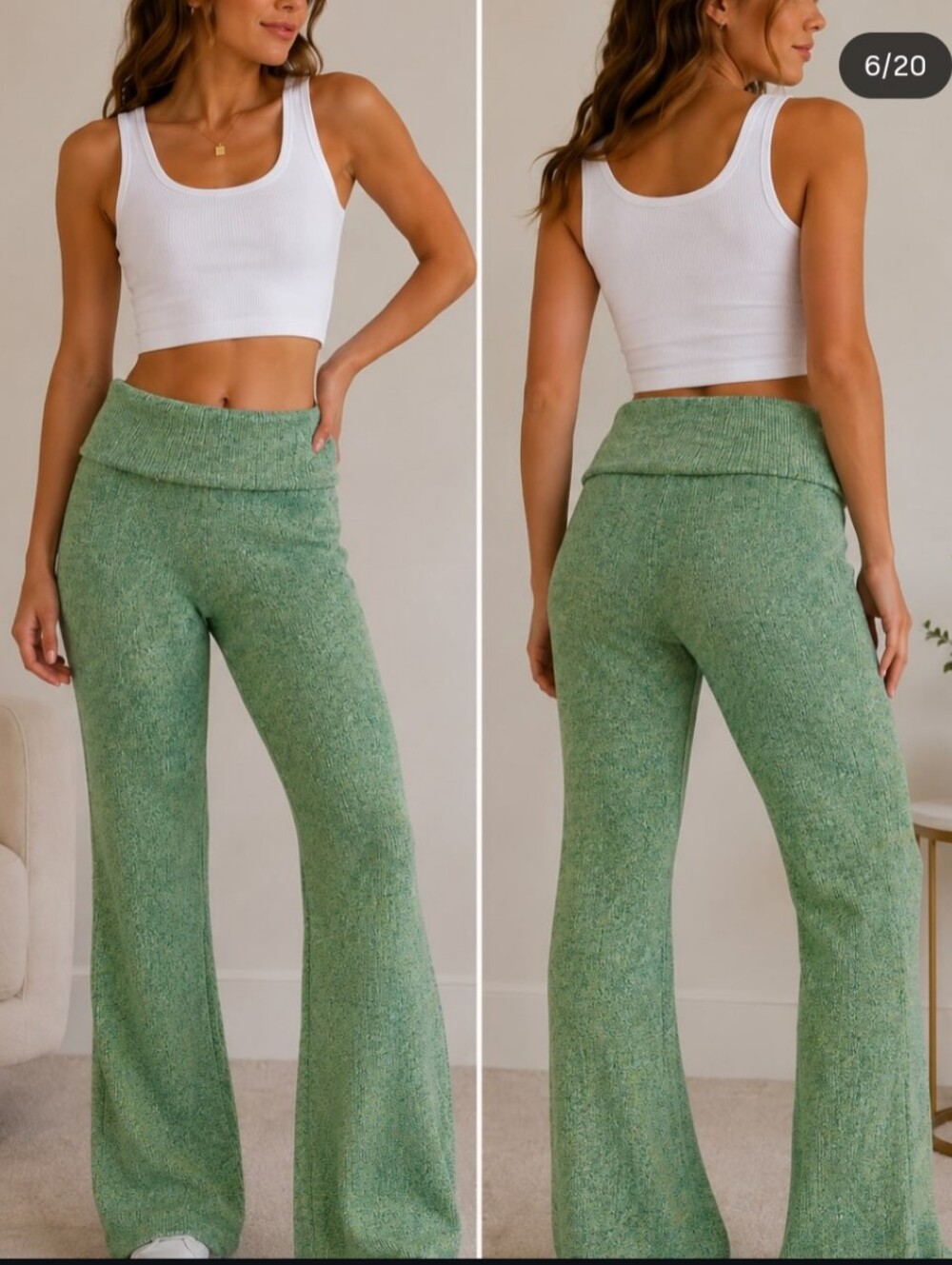 High-Waist Knit Flare Pants in Green S